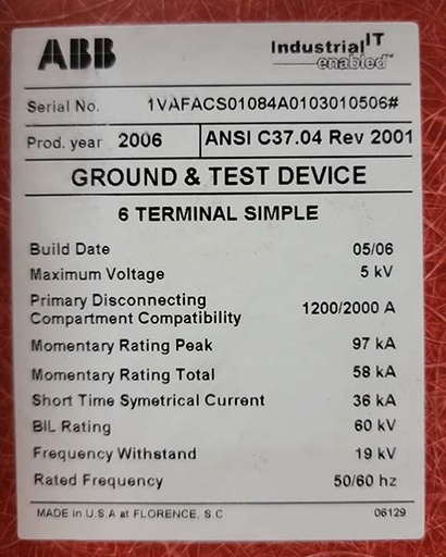 [044897] 1200 Amp, ABB, GROUND & TEST, 5 KV, 2006