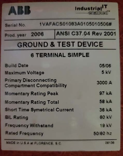 [044898] 3000 Amp, ABB, GROUND & TEST, 5 KV, 2006