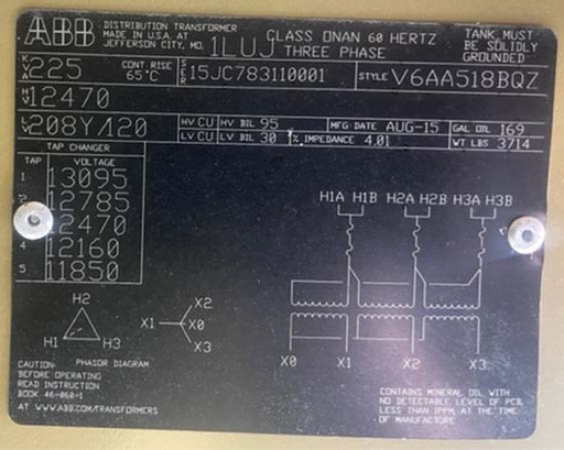 [044901] 225 KVA, Pri 12470 D, Sec 208Y/120, 2015, DF/LF ABB PADMOUNT TRANSFORMER