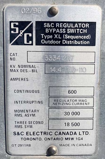 [044954] 600 Amp, 14400 V, S&C REGULATOR BYPASS SWITCHES