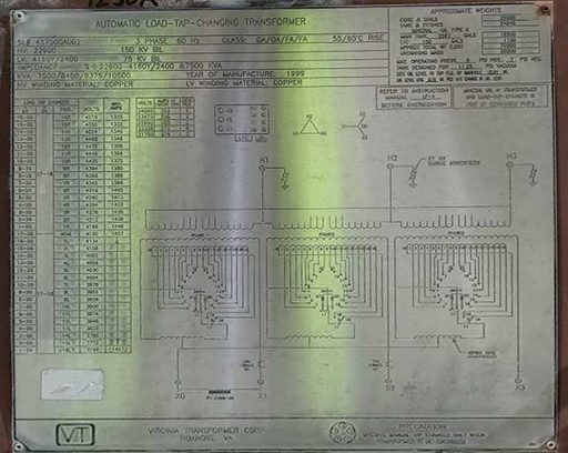 [044960] 7.5/10.5 MVA, 22900D-4160Y/2400, LOAD TAP CHANGING TRANSFORMER BY VIRGINIA