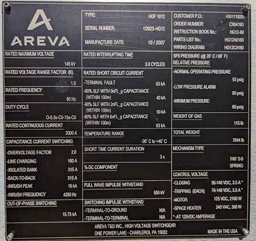 [044967] 2000 AMP, 145 KV, 125 VDC C&T, AREVA SF6 CIRCUIT BREAKER