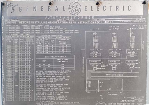[045007] 40/67 MVA, PRI 138000GDRY, SEC 72600GRDY GENERAL ELECTRIC AUTOTRANSFORMER:2