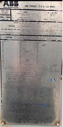 [045013] 880 MVA, Pri 345000 GRDY,Sec 22800 DELTA, ABB GSU SUBSTATION TRANSFORMER
