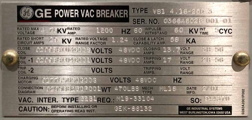 [045014] 1200 Amp, 4760V, GENERAL ELECTRIC POWER VAC BREAKER****PARTS ONLY****
