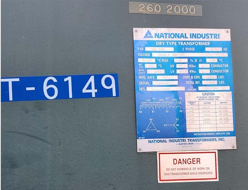 [045024] 2000/3000 KVA, Pri 13750D, Sec 480Y/277 NATIONAL INDUSTRIES DRY TYPE TRANSFORMER, N3R