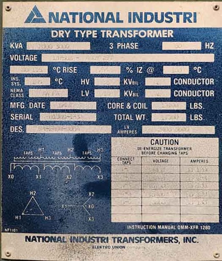 [045029] 2000/3000 KVA, Pri 13750D Sec 480Y/277, NATIONAL INDUSTRIES DRY TYPE TRANSFORMER, N3R