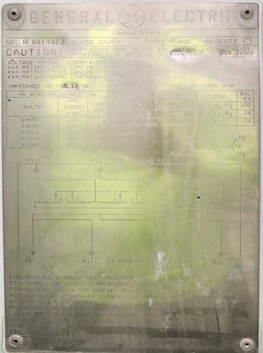 [045050] 7500/9375/10.5 KVA, Pri 33000 D, Sec 4160Y/2400, GENERAL ELECTRIC
