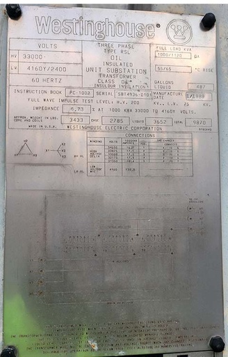 [045051] 1000/1120 KVA, Pri 33000 D, Sec 4160Y/2400, WESTINGHOUSE TRANSFORMER