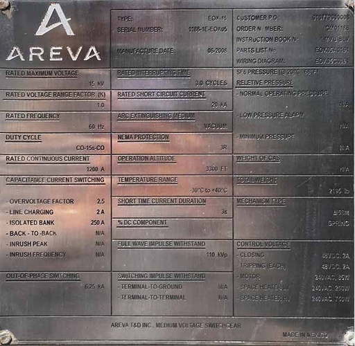 [045125] 1200 Amp, AREVA, EOX-15, 15000 V., SUBSTATION VACUUM BREAKER