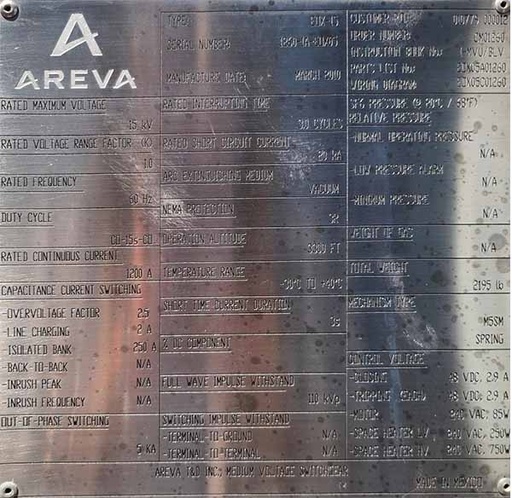 [045128] 1200 Amp, AREVA, EOX-15, 15000 V., SUBSTATION VACUUM BREAKER