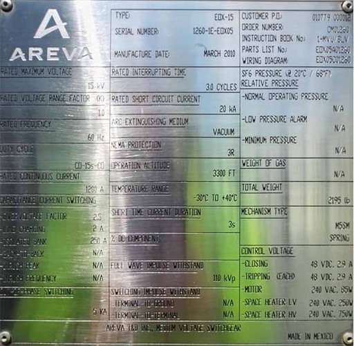 [045129] 1200 Amp, AREVA, EOX-15, 15000 V., SUBSTATION VACUUM BREAKER