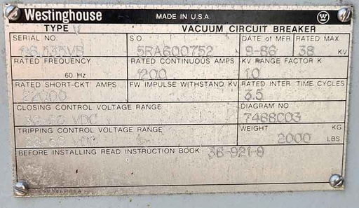 [045131] 1200 Amp, WESTINGHOUSE, V, 38000 V., SUBSTATION VACUUM BREAKER