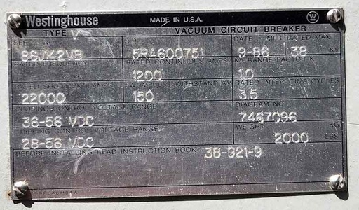 [045133] 1200 Amp, WESTINGHOUSE, V, 38000 V., SUBSTATION VACUUM BREAKER