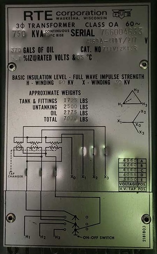 [045141] 750 KVA, Pri 4160 D, Sec 480Y/277, LF/RF RTE PADMOUNT TRANSFORMER