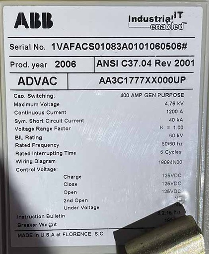 [045200] 1200 Amp, ABB, ADVAC, 4760 V., CIRCUIT BREAKER FEEDER