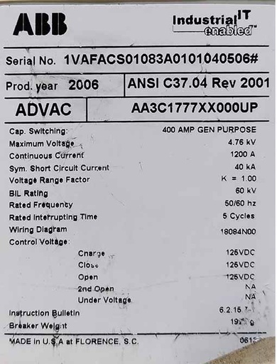 [045201] 1200 Amp, ABB, ADVAC, 4750 V., CIRCUIT BREAKER FEEDER
