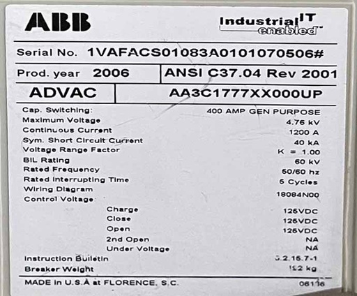 [045202] 1200 Amp, ABB, ADVAC, 4760 V., CIRCUIT BREAKER FEEDER