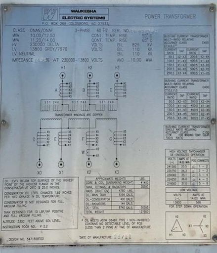 [045234] 10000 KVA, Pri 230000 D, Sec 13800 GRDY, WAUKESHA SUBSTATION TRANSFORMER