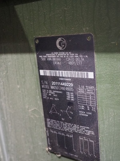 [045325] 500 KVA, Pri 12470 D, Sec 480 Y/277, 2014, DF/RF