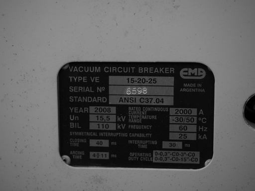 [045471] 2000 Amp, EMA, No. VDH-15kV, 15500 V., Vacuum, 25kA Short, Unused