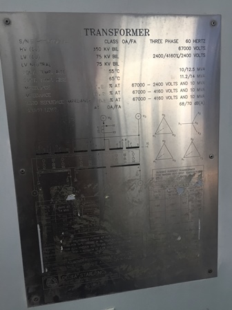 [046823] 10000/14000 KVA, Pri 67000 D, Sec 2400/4160Y/2400, DELTA STAR, COPPER,