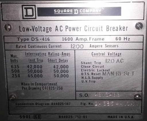 [012033] 1600 Amp, SQUARE D, DS416, 480 V., MAN.OP., STATIONARY MOUNT;-1