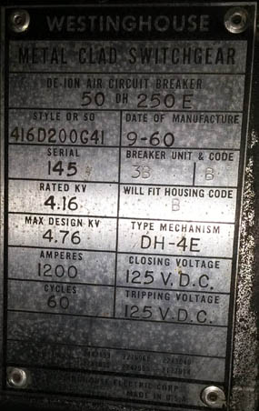 [013338] 1200 Amp, WESTINGHOUSE, 50DH250E, 4160 V., 1961, DRAWOUT, INDOOR;-1