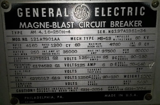 [013743] 1200 Amp, GENERAL ELECTRIC, AM4.165-250H-4, 4160 V., 1960, OUTDOOR;-1