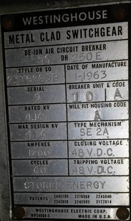 [013780] 1200 Amp, WESTINGHOUSE, 50DH250E, 4160 V., 1963, SE-2A MECH, 48 V DC C&T;-1